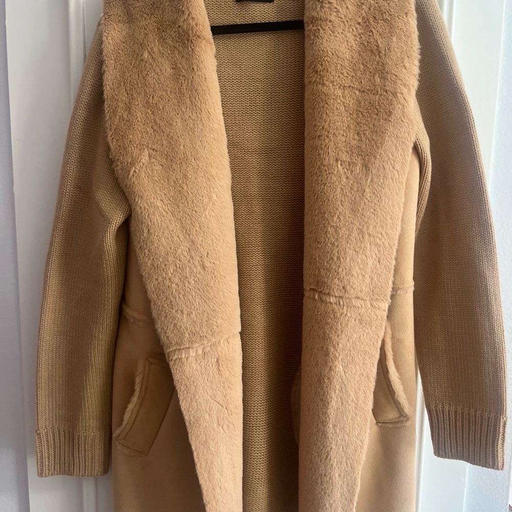 Cozy Tan Faux Fur Collar Open Pocket Sweater Jacket Tan Brown Neutral Chic